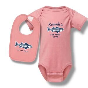 3-6 months Schoolie’s fishing club pink onesie with matching bib striper…​